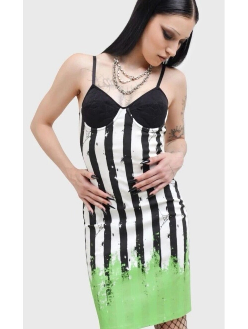Killstar Beetlejuice Distressed Stripe Bodycon Dress Women's Sz XS NEW